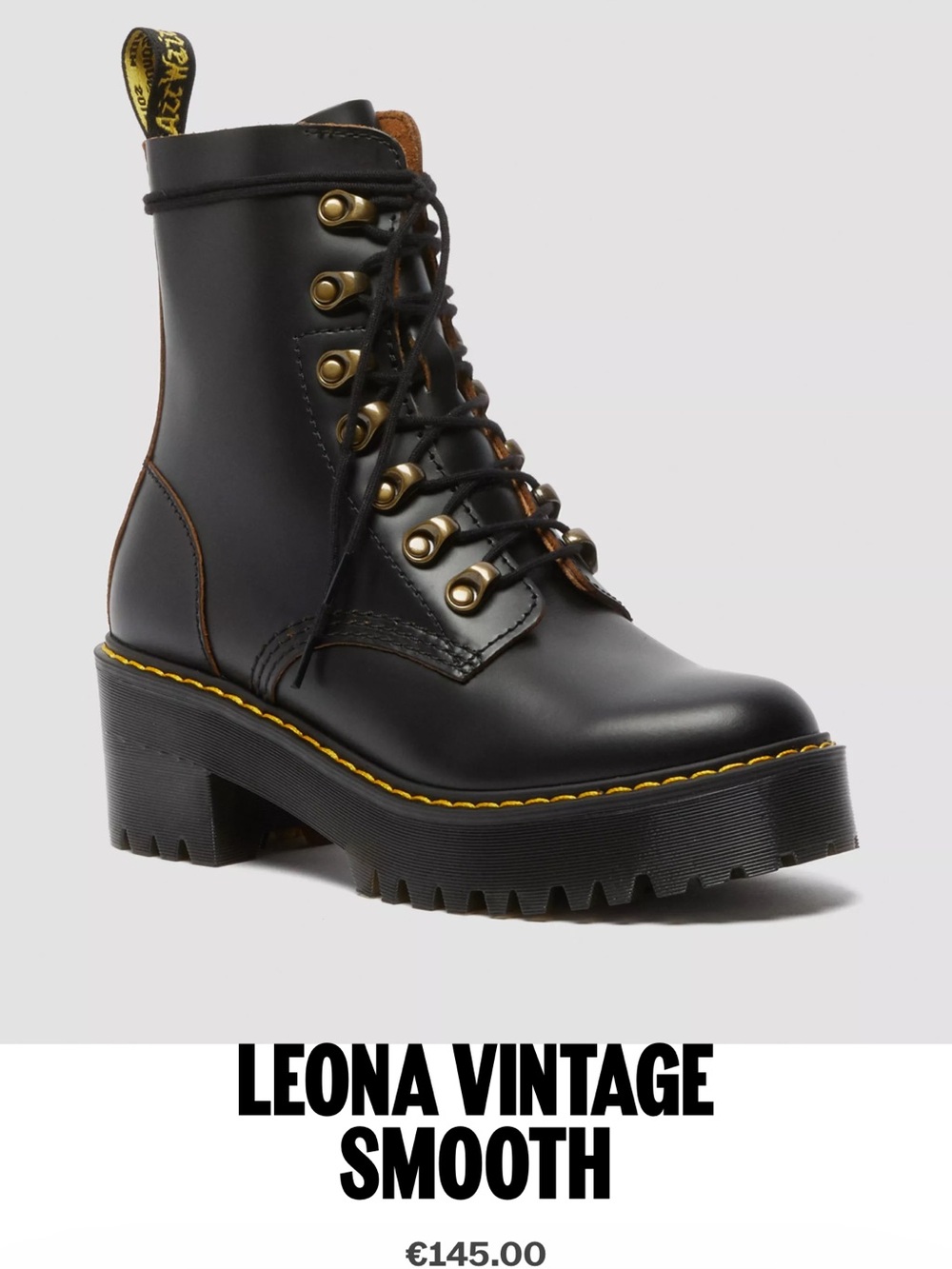 Dr. Martens Leona Vintage Smooth Black Leather Platform Lace-Up Boots